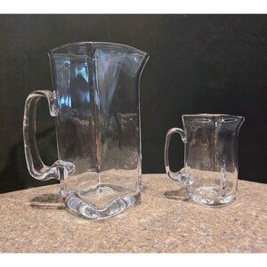 2 SIMON PEARCE Handcrafted  Glass Signed Pitchers Coffee Tea Juice Creamer NOS